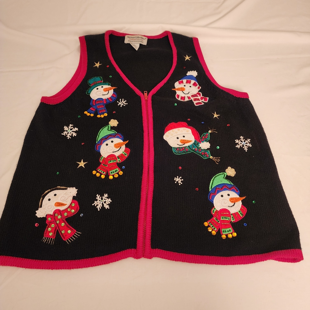 Festive Snowman Black Cardigan Vest Size L
